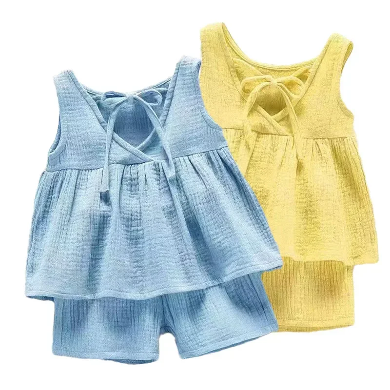 

Summer Children Clothes Sets Linen For Baby Girls Clothing Sets newborn short Dress+Shorts 2 Piece Kids 9M-5Years Clothing Suits