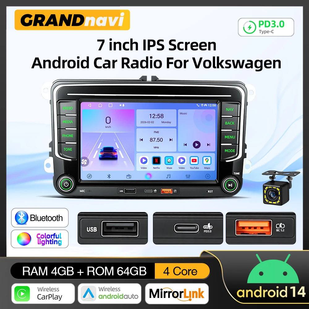 

7" Android 14 Car Radio Carplay for VW Volkswagen Jetta Passat Golf Polo Car Stereo GPS Wifi FM RDS EQ Dual USB PD3.0 Charging