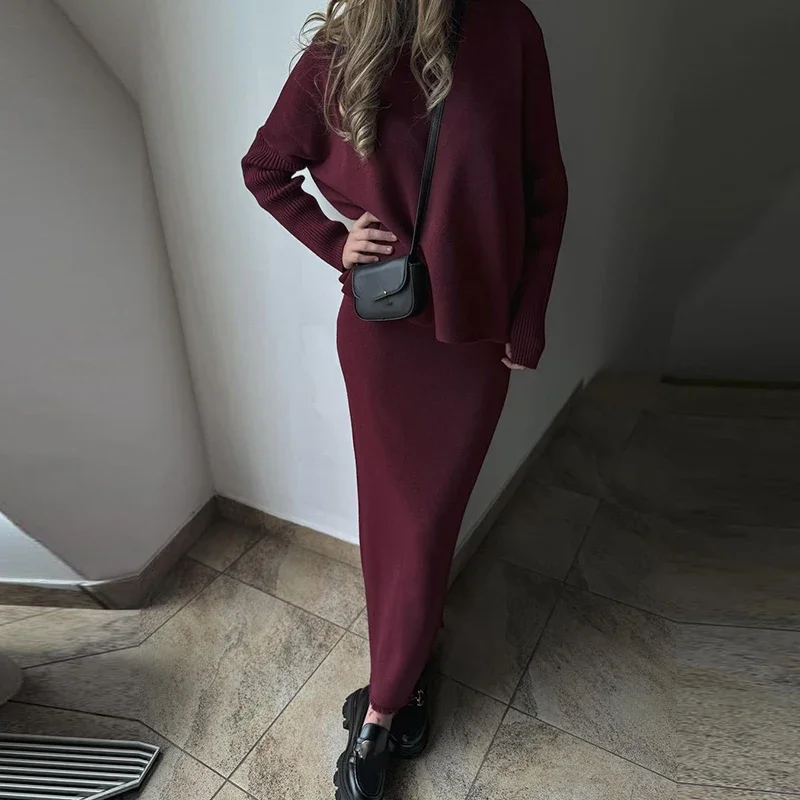 Vintage Solid Long Sleeve Slim Outfit 2024 Autumn Winter Loose Knitted Two Piece Set Female Turtleneck Sweater + Half Skirt Suit