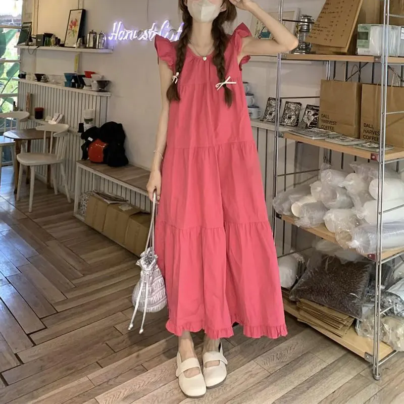 Female Clothing Sweet Flying Sleeve Midi Dress Solid Color Loose Summer Fashion Patchwork Folds Korean A-Line O-Neck Dresses New