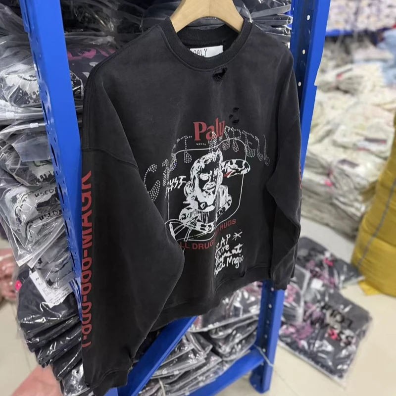 Winnter Washed Paly Crewneck Hoodies High Quality Rhinestone Cotton Graphics Graffiti Hooded Sweatshirts Men Women