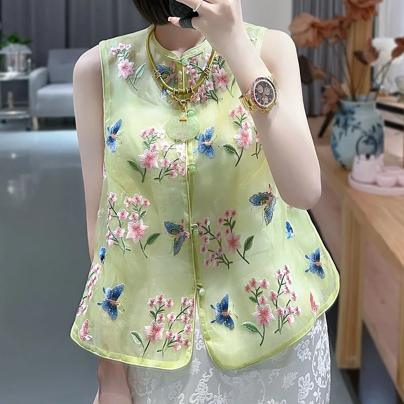 High-Quality Summer New Chinese Style Embroidered Butterfly Love Flower Double Layer Silk Organza Lady Vest S-XXL