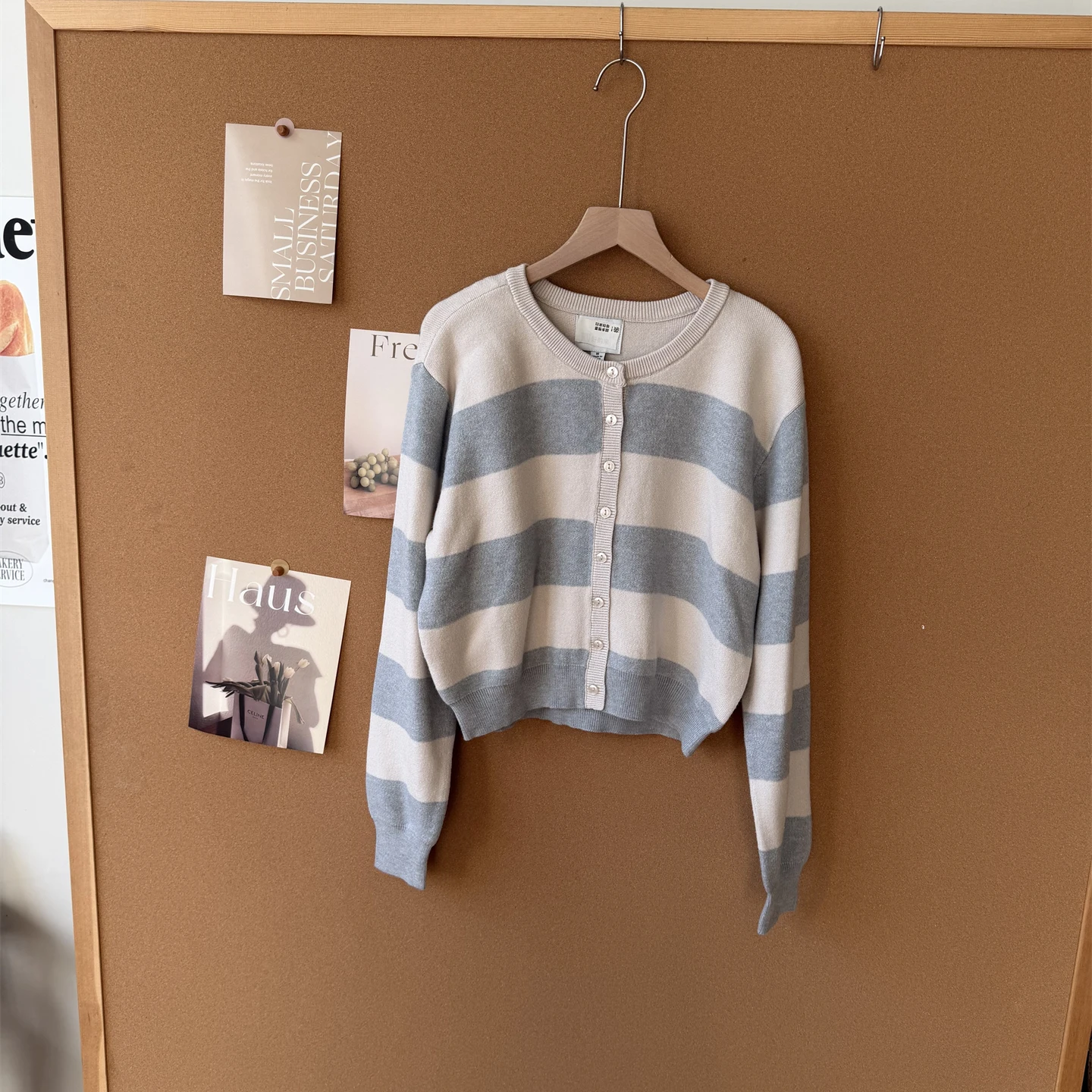 Cárdigan Corto de Punto con Cuello a Rayas Clásico, Estilo Japonés, Cálido y E, Estilo Casual para el Trabajo, Manga L...