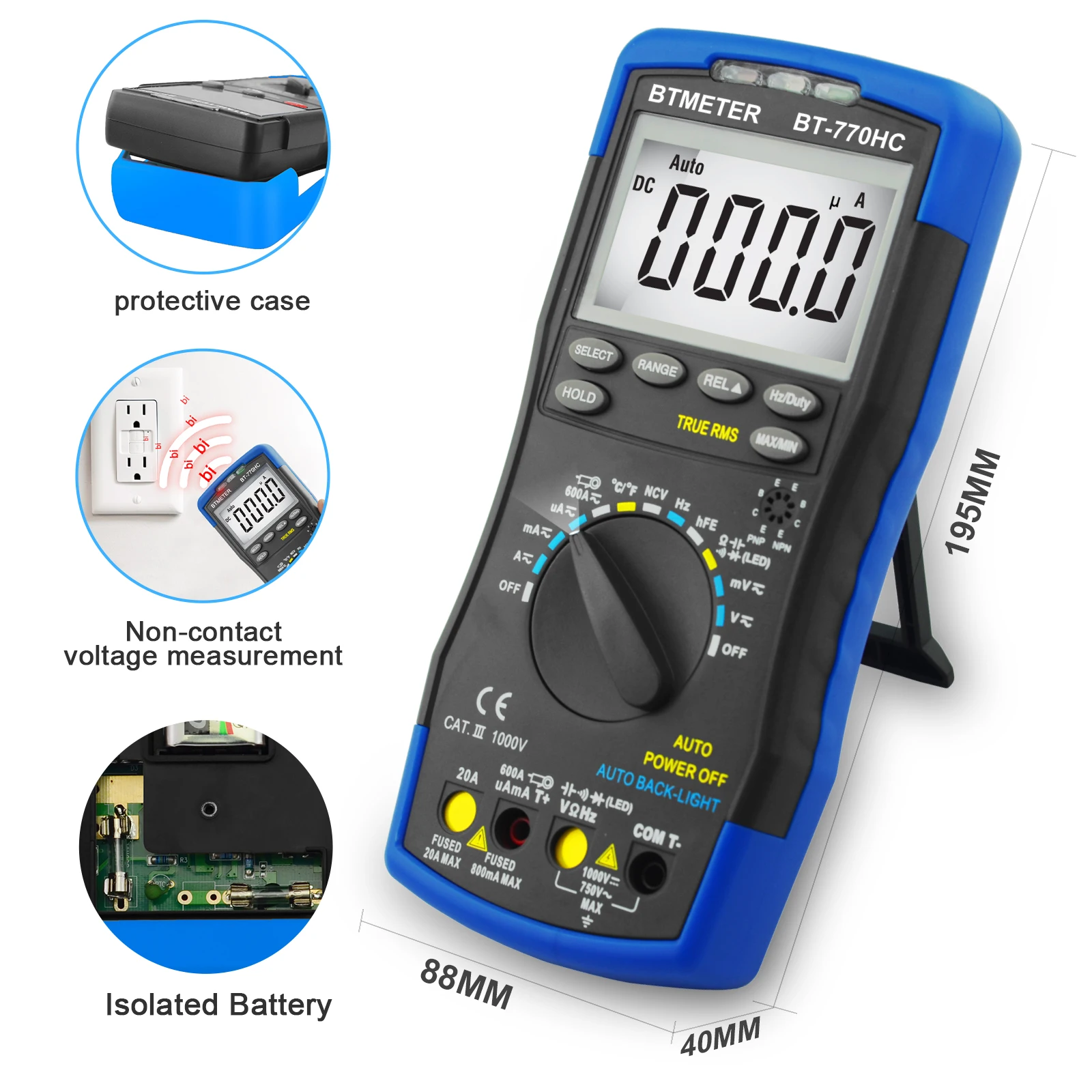 

HP-770HC True RMS Digital Multimeter 6000 Counts NCV Auto Backlight Temperature Capacitance hFE