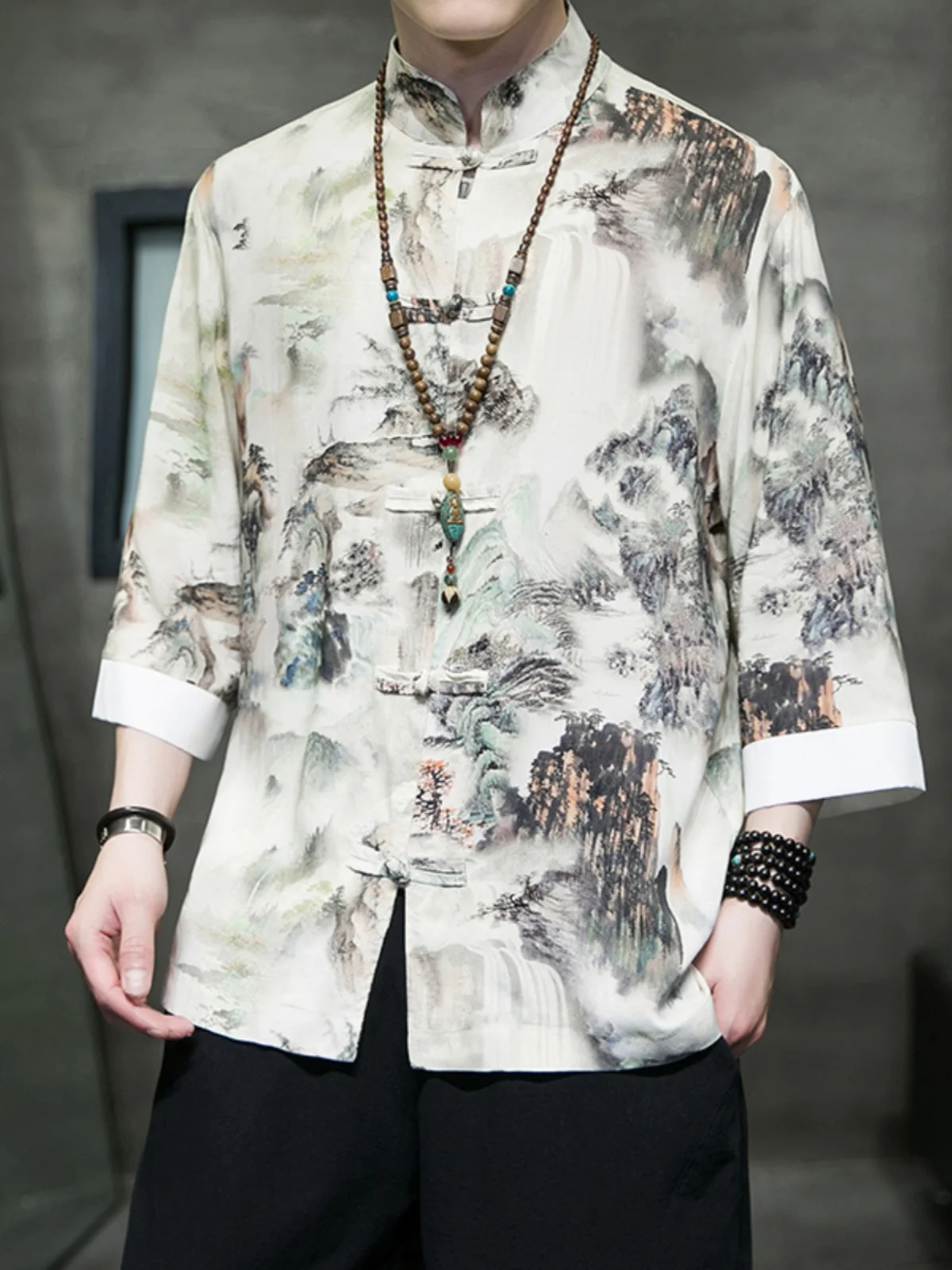 

Ice Silk ort Sve irt Men's Summer Thin Loose Tang Costume f Sve irt Sle Retro Button Modified Hanfu Youth Fa...