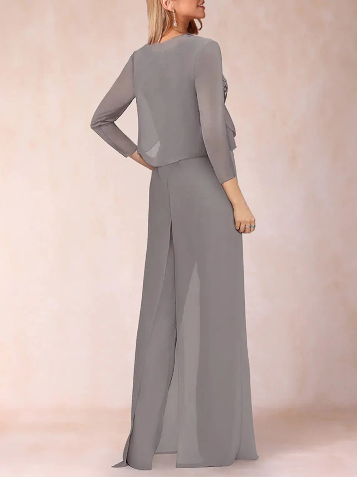 فستان سهرة أنيق مكون من قطعتين بأكمام طويلة من الشيفون ورقبة سكوب بطول الأرض فستان زفاف الضيوف 2025 مخصص مجاني