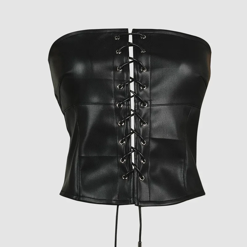 Colete sem alças com alça retrô de couro PU para agasalhos, top curto e justo, roupas femininas pretas modernas e sexy