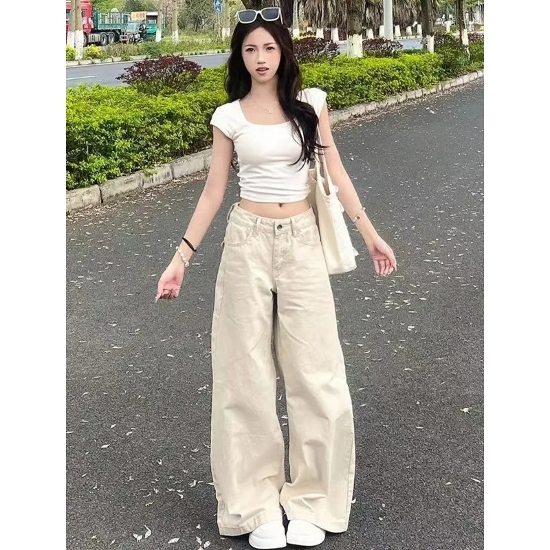 Womens Jeans American Style Light Apricot Wide Leg Low Rise Relaxed Fit Slimming Flowy Floor Length Spring New Womens Pants
