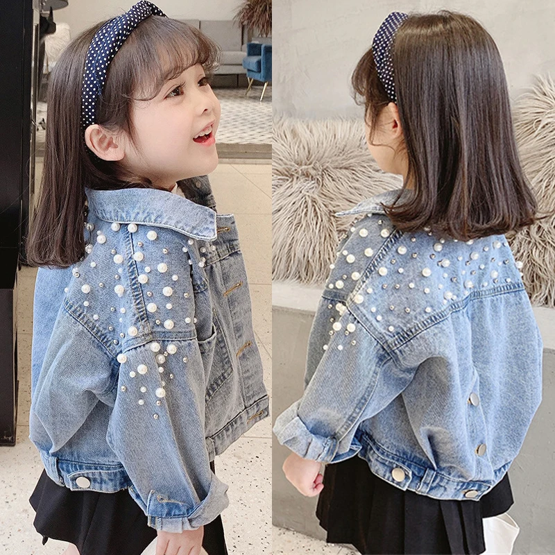 New Spring Autumn Pearl Embellishment Teenage Girls Denim Coat Children Fashion Windbreaker Kids Birthday Present Outerwear