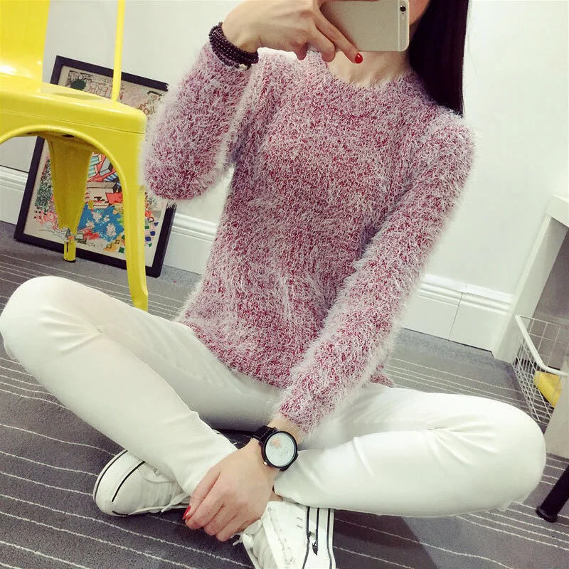 Pullovers 2019 Autumn Winter Women O-Neck Sweater Loose Knitted Ladies Sweater Female size Casual Solid Color Plush Sweater