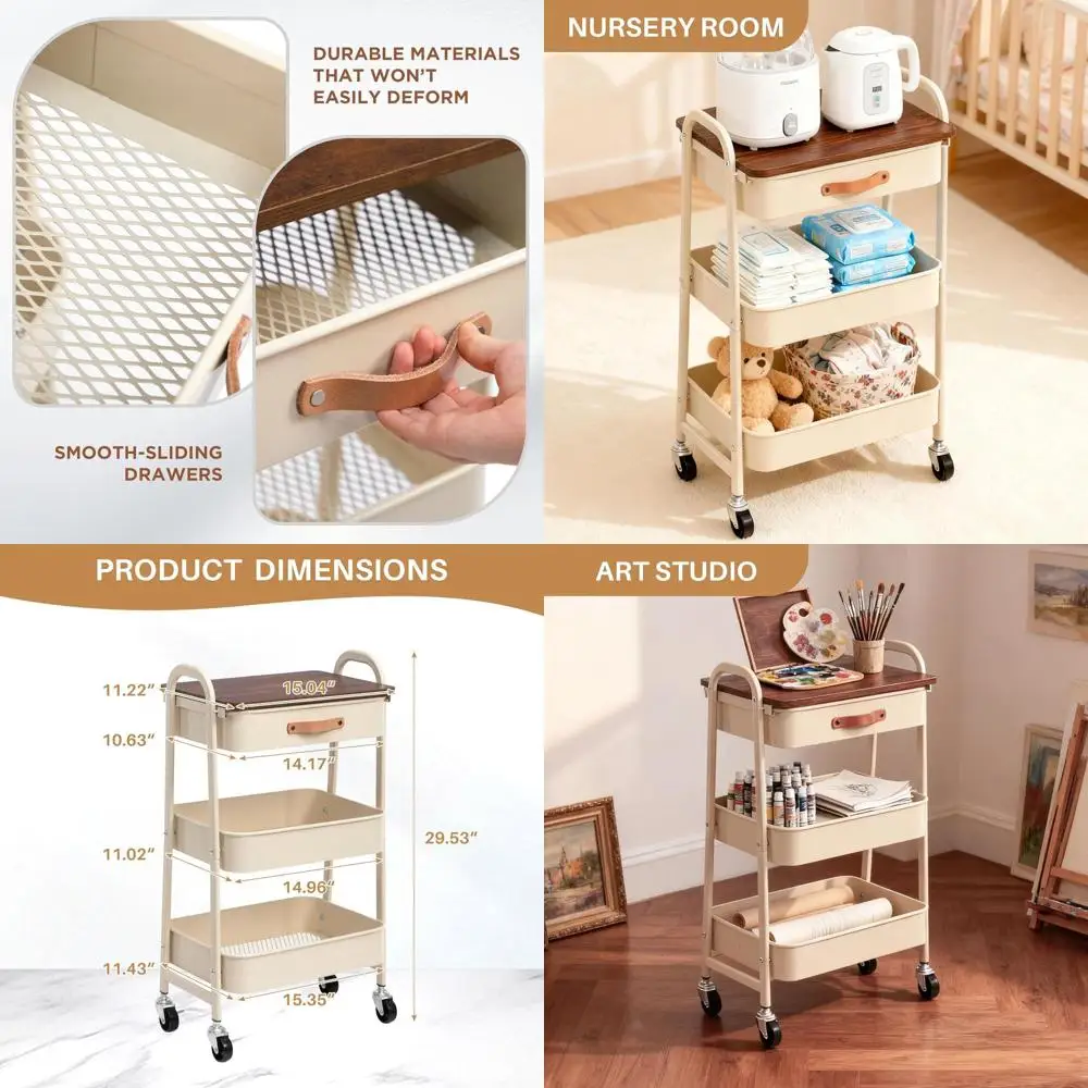 

3-х уровневая металлическая тележка на колесиках с деревянной столешницей, мобильный органайзер для дома и офиса, бежевый