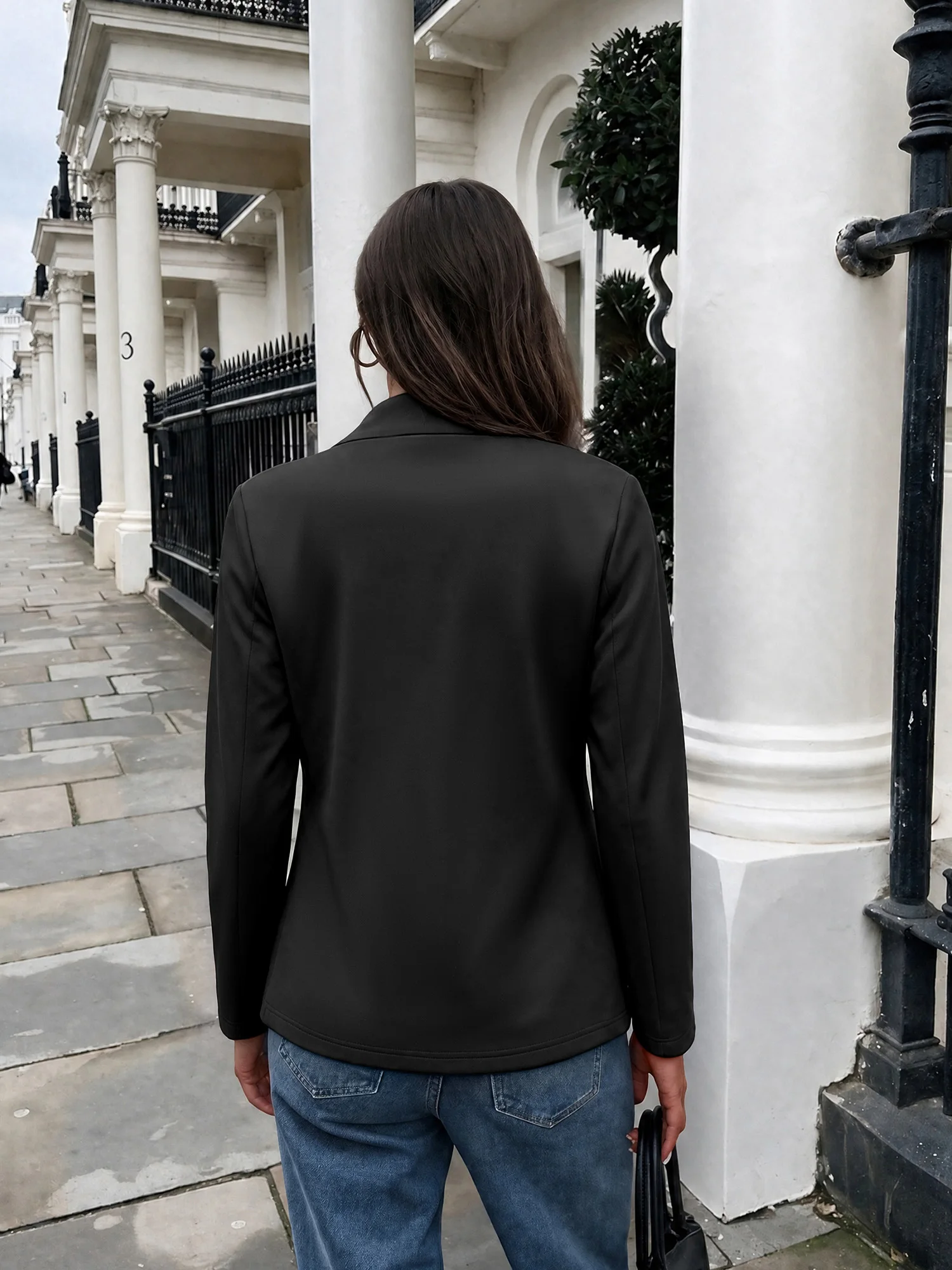 Casual Women Stand Collar Open Front Suit Jacket Long Sleeve Solid Slim Fit Lightweight Blazer