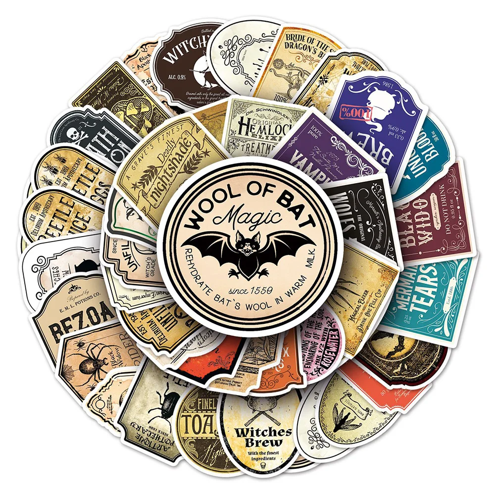 

10/30/50pcs Vintage Horror Magic Potion Label Stickers Gothic Style Decal DIY Suitcase Skateboard Notebook Cartoon Sticker Decor