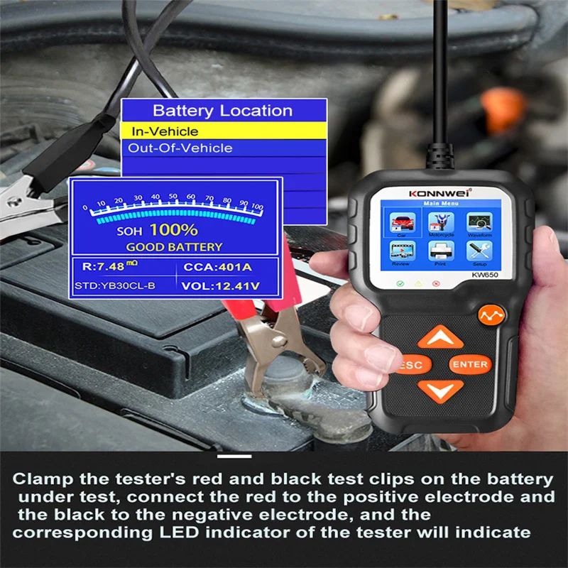 KONNWEI KW650 Car Motorcycle Battery Tester 12V 6V Battery System Analyzer 2000CCA Charging Cranking Test Tools for the Car