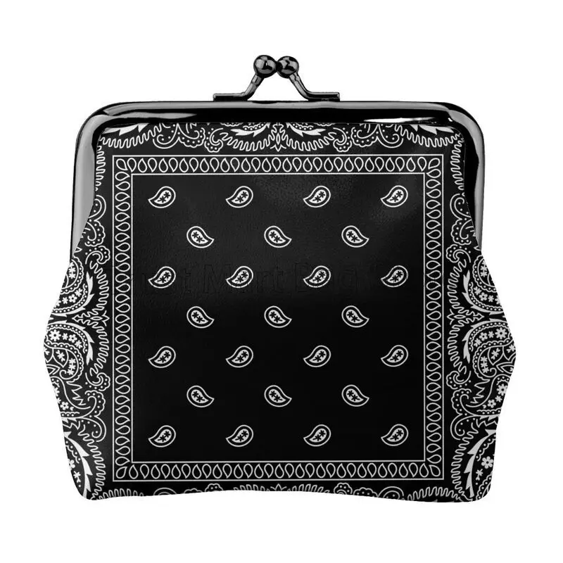 Colorful Paisley Black Bandanna Border Scarf White Mini Leather Coin Purse Pouch with Kiss-Lock Clasp Closure Buckle Wallet
