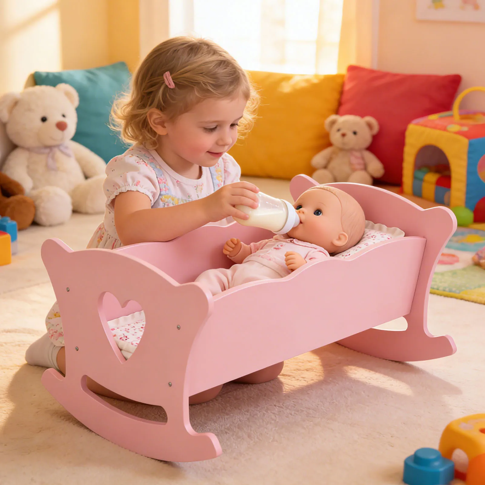 Miniature Crib for Doll Wooden for 20 Inch Dolls Kids Role Play Easy Assembly Baby Doll Bed with Pillow Mattress Pink Kids Gifts