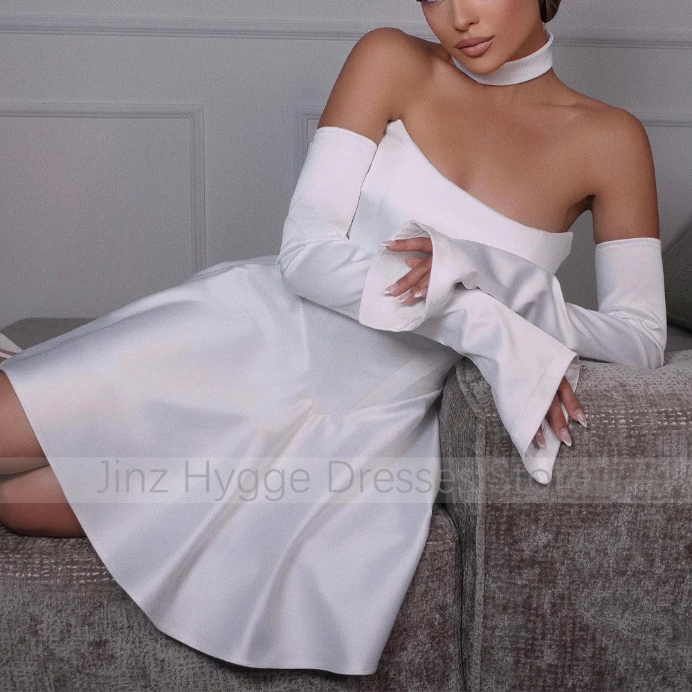 Civil Wedding Dress White Satin A Line Strapless Short Wedding Gowns with Detachable Sleeves Backless Simple Bridal Dresses Mini