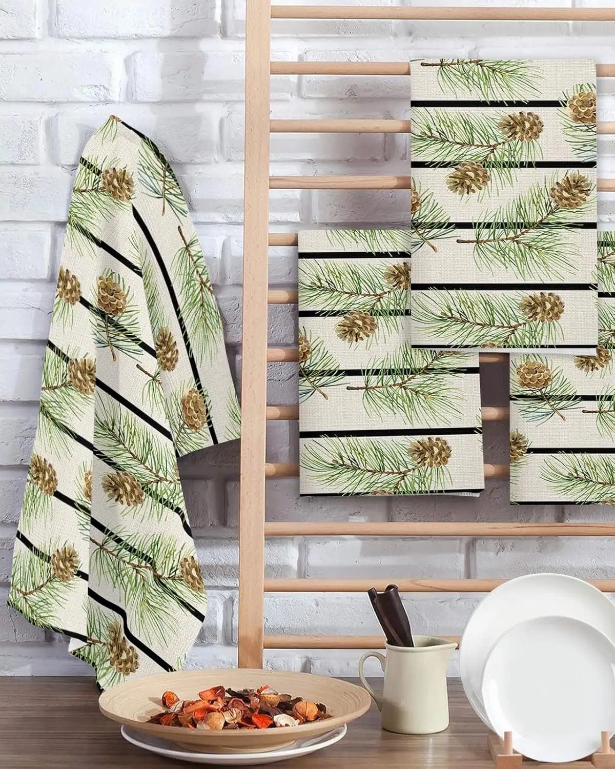 

Рождественская сосновая игла, черные полосатые кухонные полотенца, набор чистящих средств, быстросохнущее кухонное полотенце для посуды, рождественские украшения