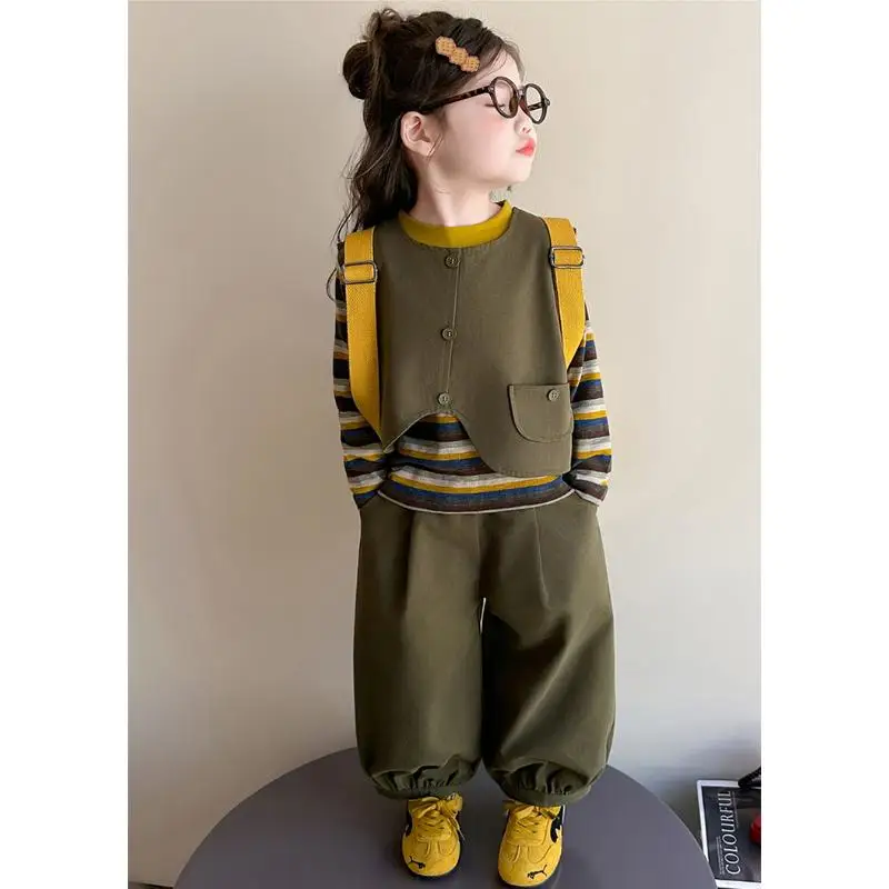 Girls vest long sleeved T-shirt ankle pant set children's spring autumn new style Korean version vest pant girls three piece set