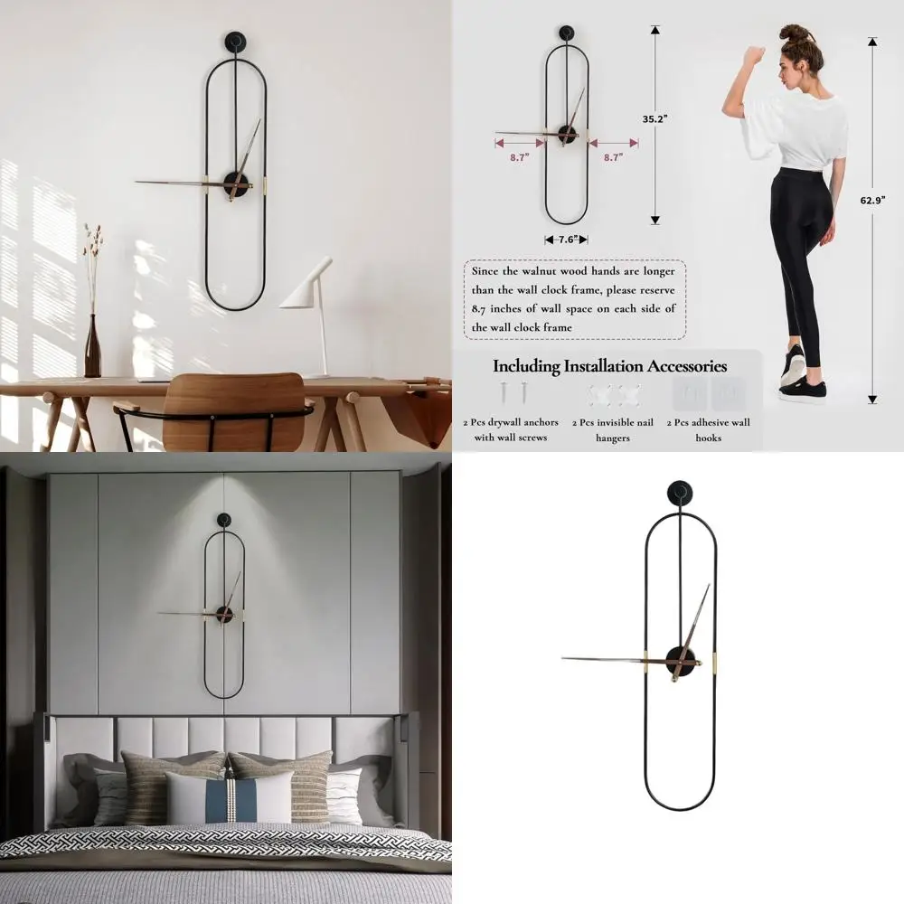 

Elegant Large Oval Wall Clock with Walnut Hands for Home, Living Room, Bedroom, and Office Decor (Black, Large)