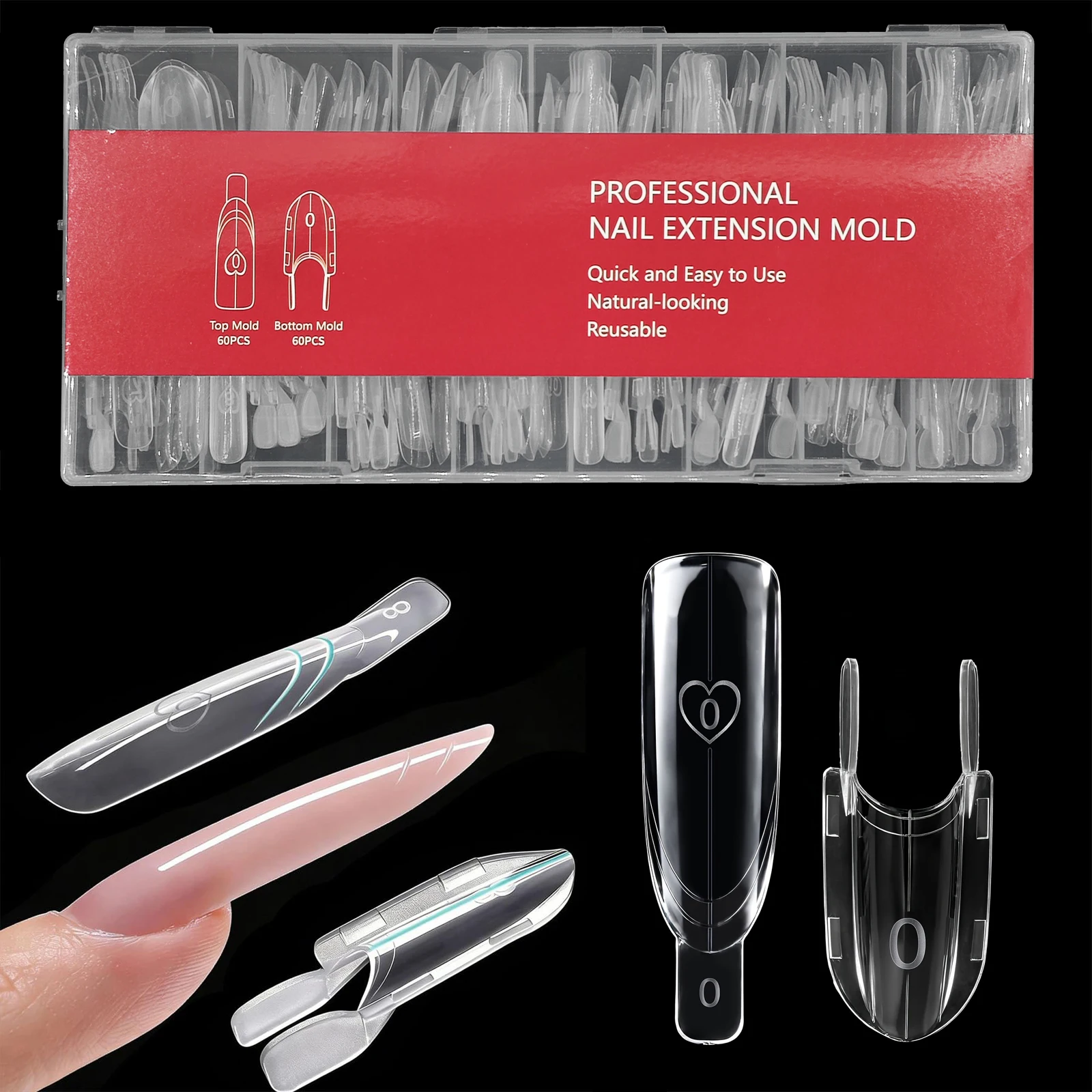 120PCS Transparent Dual Nail Forms Top & Bottom Design for Polygel ABS Nail Extension Tool Sandwich Nail Forms for Home Use