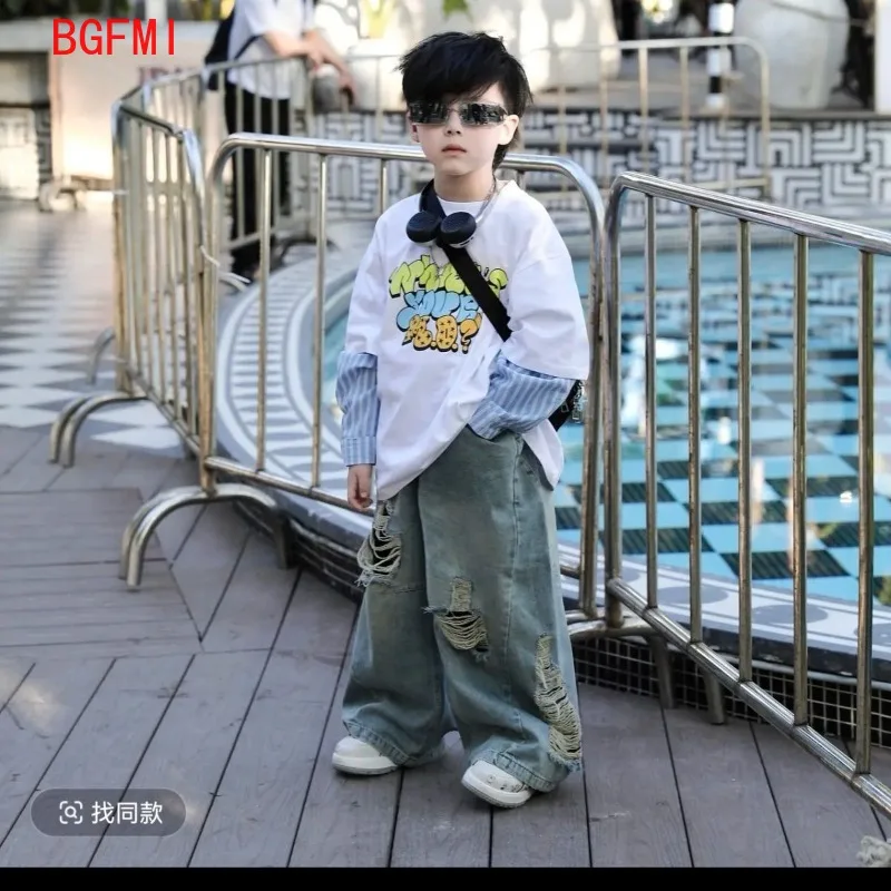 

Boys Spring Autumn Splicing Printed Top with Broken Hole Jeans Set 2026 Korean Long Sleeve Two Piece Set 2-11Y Children Clothes
