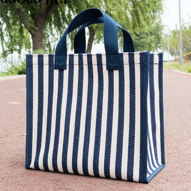 Simple Designer High-capacity Women Handbag Canvas Women Bag Fashion Blue Stripe Tote Bag Shopping Bag