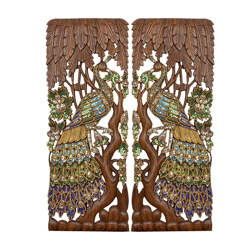 Thai wood carving porch hollow wall pendant decoration South East Asia style animal peacock teak carving carving board