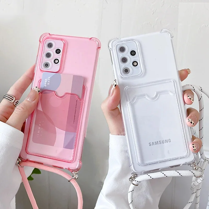 Shockproof Wallet Case For Samsung Galaxy S23 S22 S21 S24 Ultra S20 FE Note20 Plus A12 A13 A32 A52 A72 Transparent Lanyard Cover