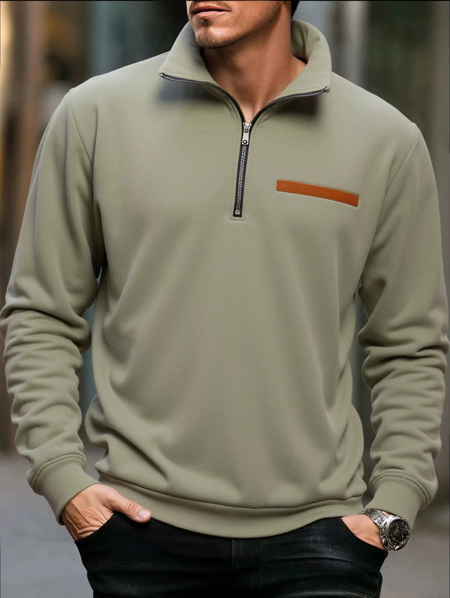 

Men's Thick Collar Zippered Pullover Sweater for Autumn and Winter - Outdoor Leisure Sport Plain Long-Sleeved Top