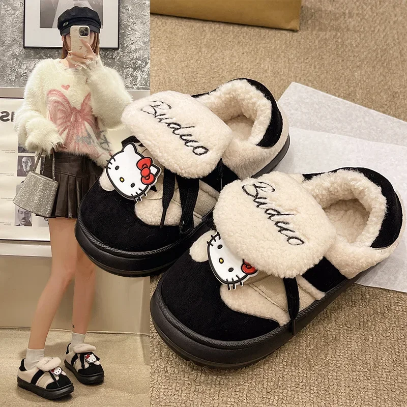 Sanrio Hello Kitty winter velvet warm women's cotton slippers cartoon non-slip outer wear new all-inclusive home cotton shoes