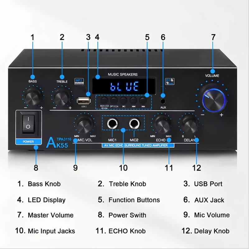 Woopker Amplifier AK55 900W Max 2.0 Channel Rated 70W+70W Bluetooth Audio Hifi AMP Karaoke Music Player Support 110V 220V 12V image 4