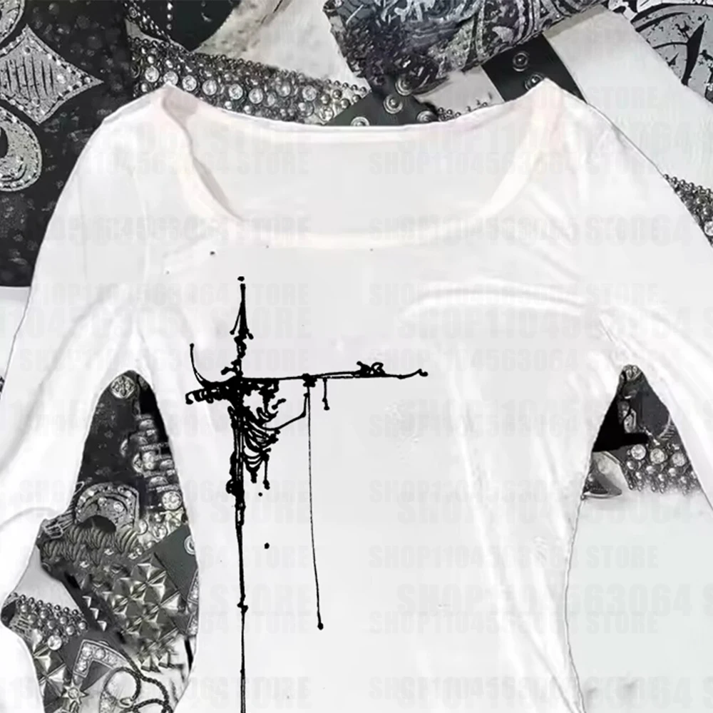 T-shirt manches longues col rond femme, Vintage, imprimé graphique, Slim Fit, haut court, Emo, Streetwear, Y2K, Grunge, années 2000