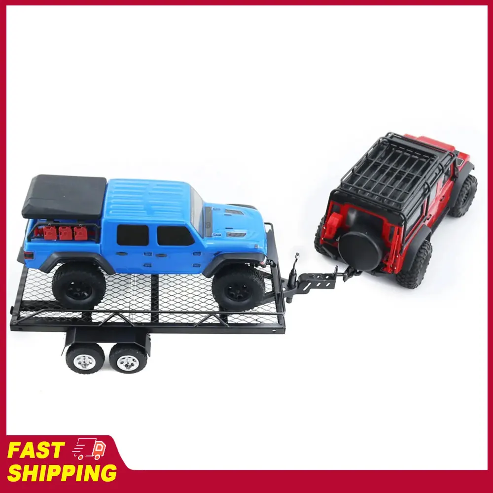 Metal Flatbed Trailer with Hook Hitch Heavy Duty High Stability RC Dual Axles Metal Flatbed Trailer Kit for RC Crawler