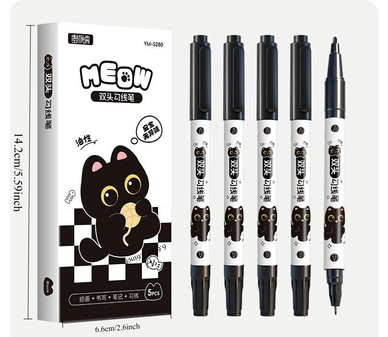 5 Stück Doppelspitzen-Zeichenstift mit feiner Linie, wasserfest, schwarzes Katzen-Design zum Skizzieren, Manga-Kunststudenten-Marker – Detail 10