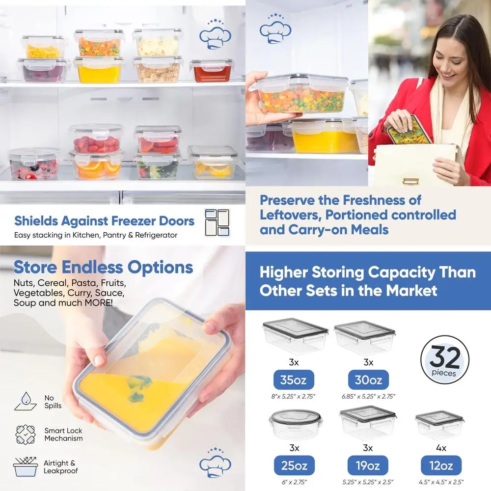 

Герметичный набор для хранения продуктов питания из 32 предметов со штабелируемыми контейнерами и крышками для приготовления еды и хранения