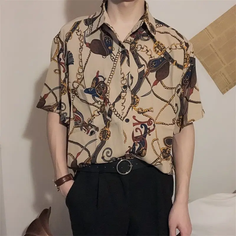 2024 New Summer Hong Kong Style Elegant Pi Si Smooth Soft Retro Loose Modern Printed Chiffon Short Sleeved Flower Shirt for Men