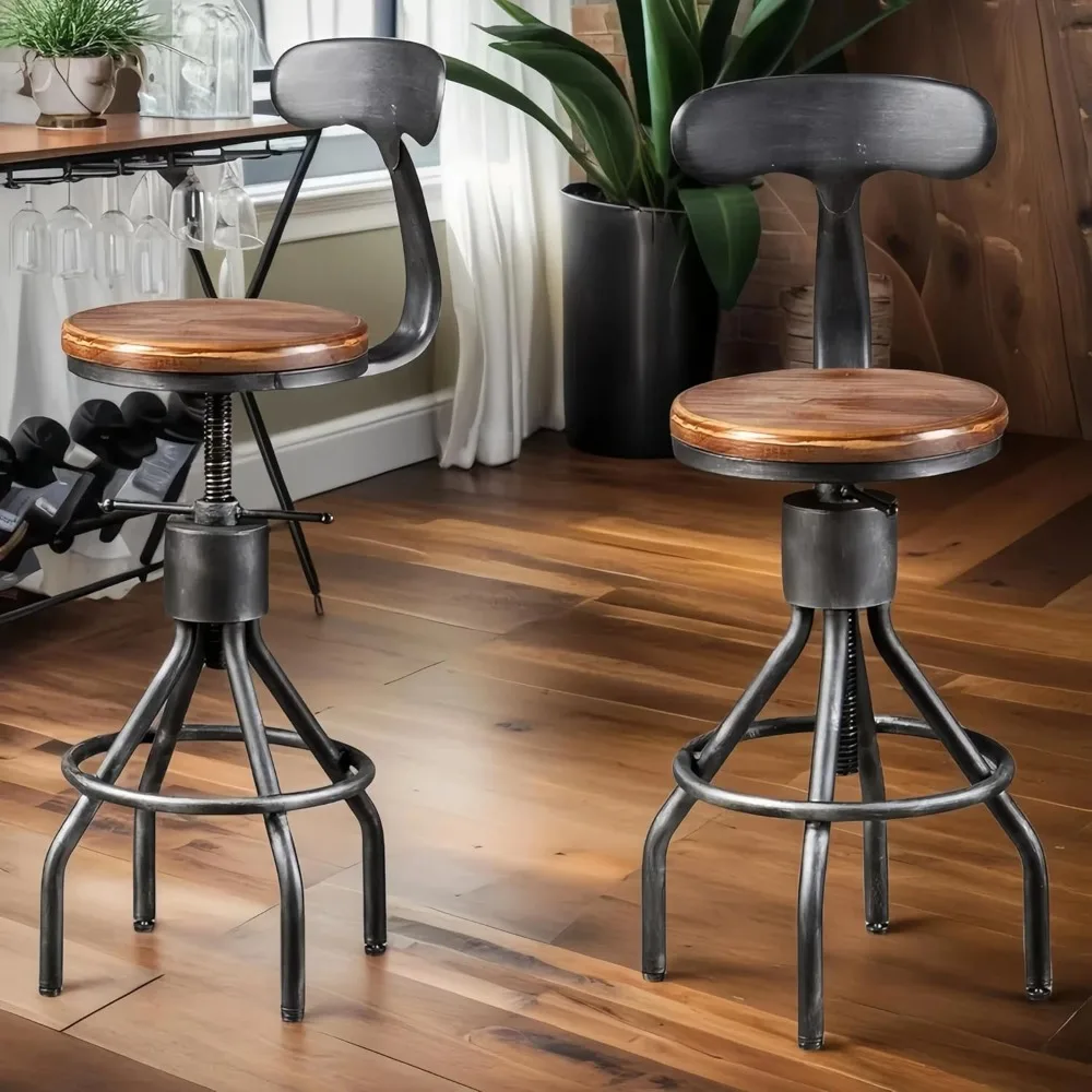 

Set of 2 Bar Stool, Adjustable Metal Swivel Wooden Top Barstools-Counter Bar Stool, Bar stool with cushion and circular footrest