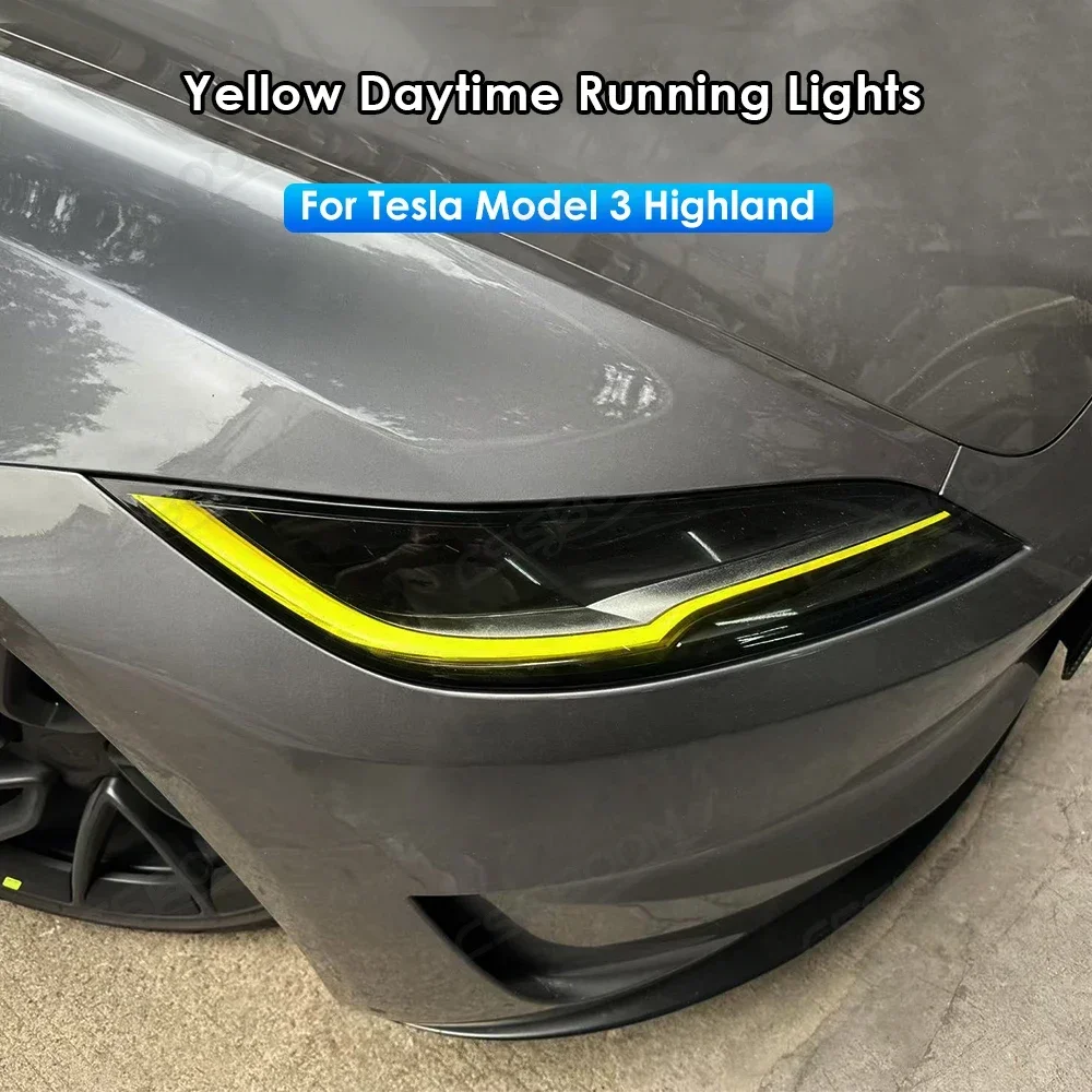 Car LED DRL Daytime Running Light for Tesla Model 3 Highland 2023 Yellow Front Bumper Fog Light Replacement Upgrade Lamp