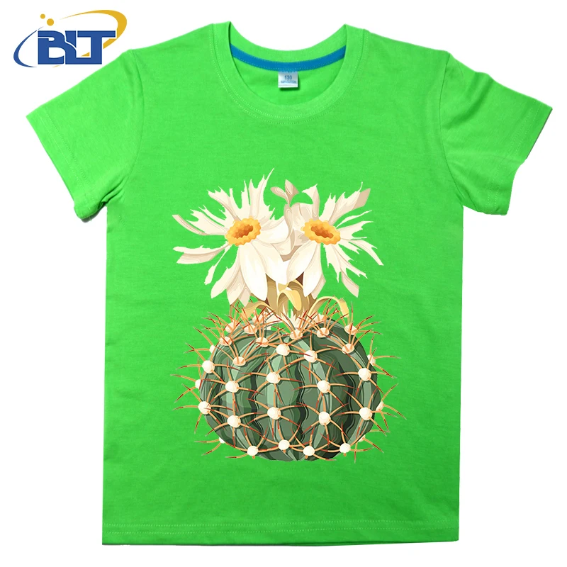 Aquarel Cactus Bloemen Bedrukt Kinder T-Shirt, Zomer Katoenen Casual Top Met Korte Mouwen, Geschikt Voor Zowel Jongens Als Meisjes