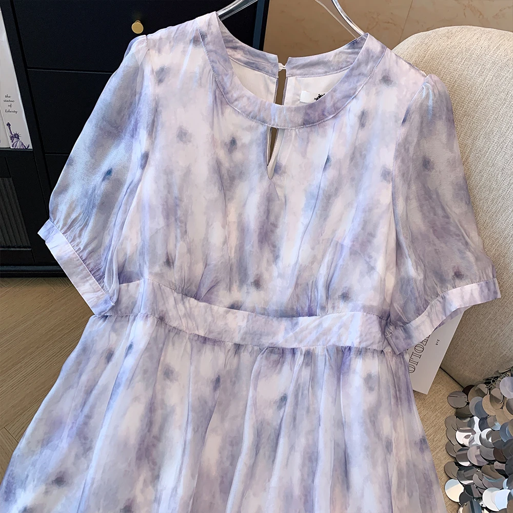 Plus-size Women's Summer Casual Commute Loose comfortable dress Chiffon purple floral short sleeve long dress with zipper 2024