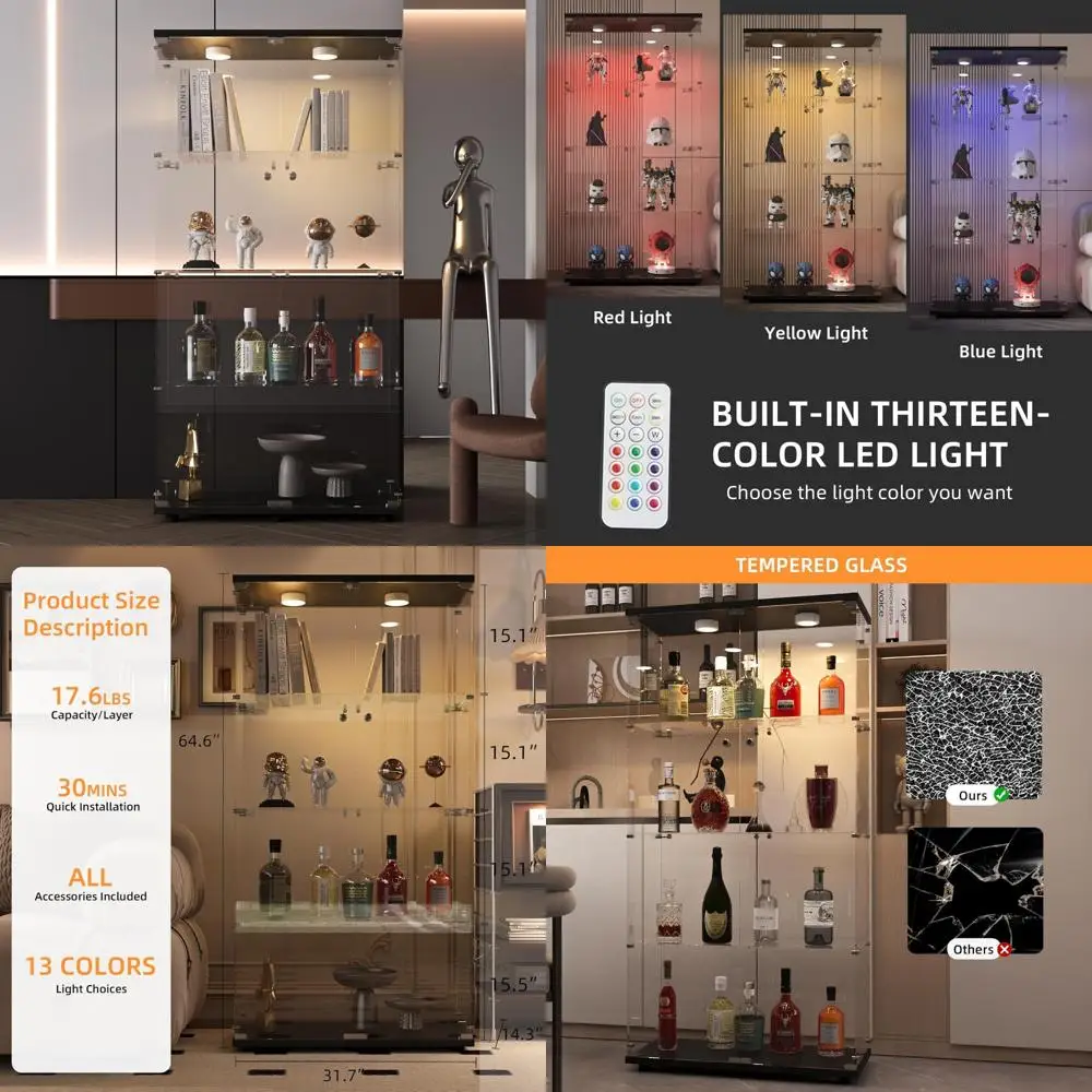 

FANYUSHOW Glass Display Cabinet with LED Lighting, Dual Doors, Lockable, Easy Assembly 4-Tier Curio Cabinet Featuring 5mm Thick