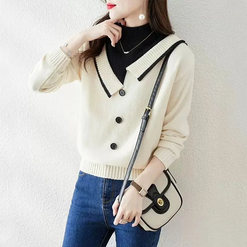 Fashion Women Clothing Sweaters Pullovers Spring Autumn Half High Collar Fake Two Pieces Loose Casual Long Sleeve Knitted Tops