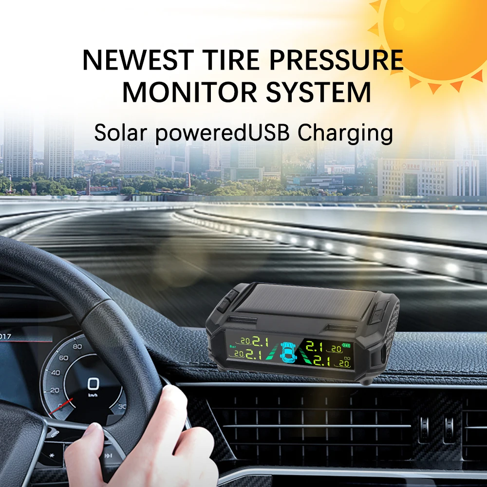 سيارة الشمسية TPMS نظام مراقبة ضغط الإطارات السيارات إنذار الأمن شاشة ديجيتال اختبار درجة حرارة الإطارات 4 أجهزة الاستشعار 433.9200MHz