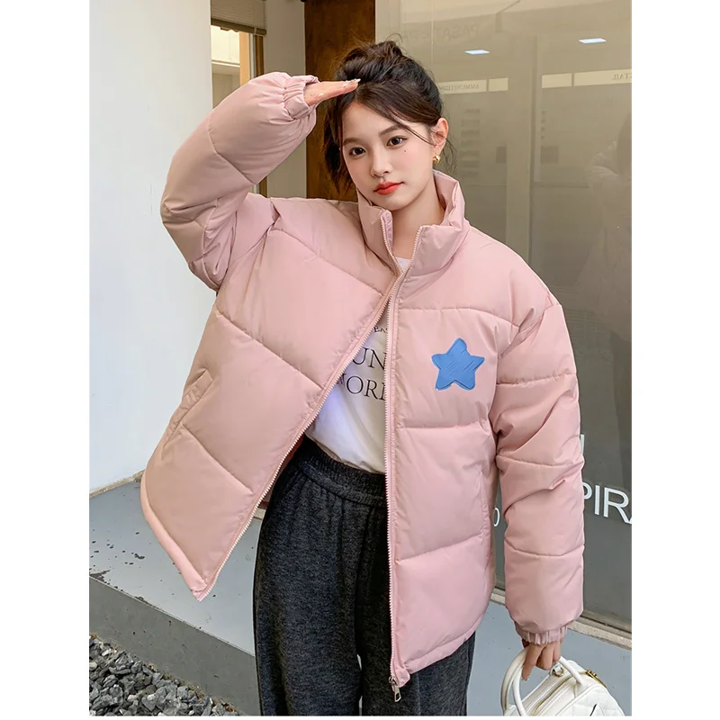 

Thickening Down Jacket Women Coat Pink Stand Collar Fashion American Streetwear Duck Down Feather Female Winter Short Outwear