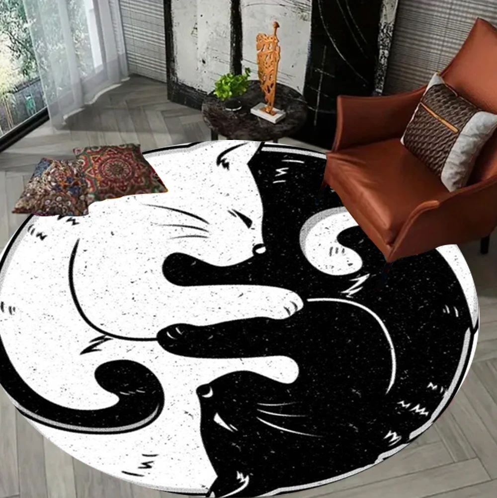 Yin Yang Cat Round Carpet Black and White Cat Large Carpet Bohemian Style Cat Door Mat Home Decoration Gift for Cat Lovers