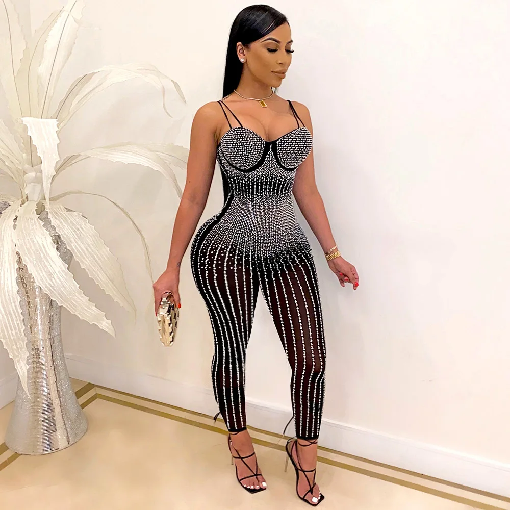 2024 Fashion Women Jumpsuit Evening Club Pencil Pant Black Red Beige Yoga Jogging Sportswer Mesh Hot Diamond Bodycon Playsuits