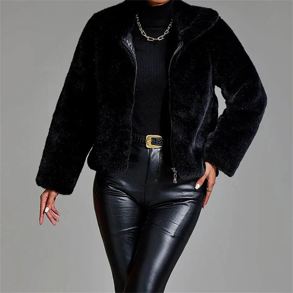 Women Fur Coats Autumn Winter Fluffy Black Faux Fur Coat Womens Warm Faux Coat Jacket Winter Solid Turn Down Collar Outerwear