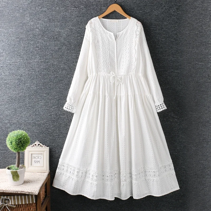 

New Spring Fashion Women Dress Hollow Embroidery Cotton Dress Loose Drawstring Waist Long Sleeve Fairy Dress