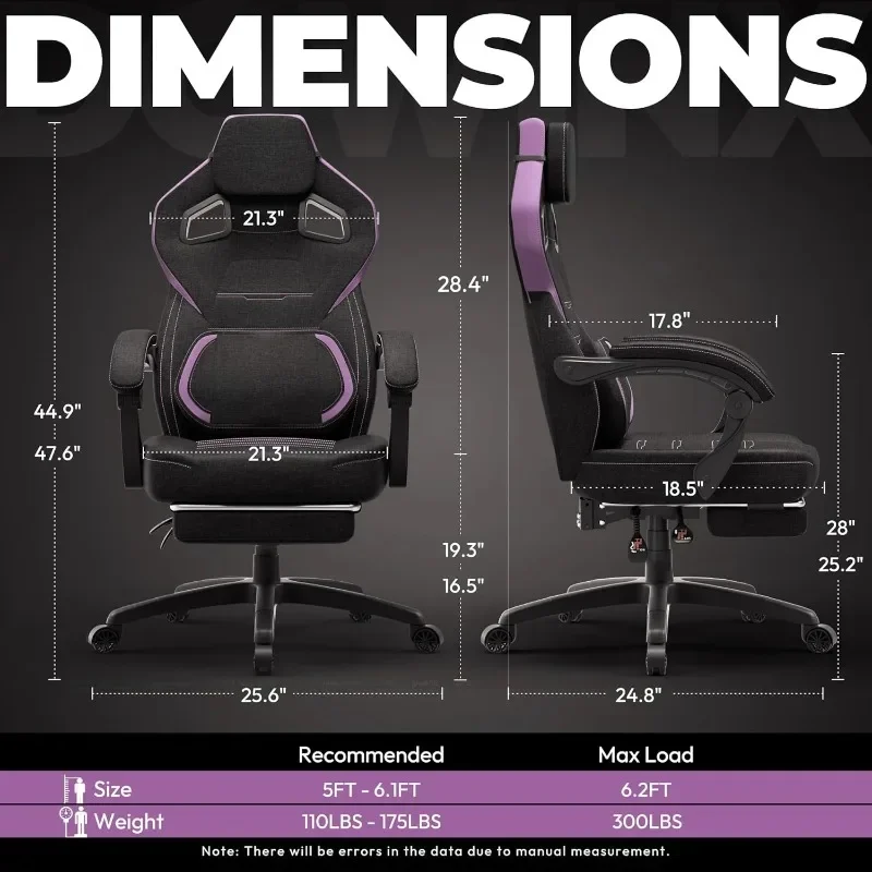 Fabric Gaming Chair with Footrest, Big and Tall Ergonomic Gamer Chair with Lumbar Support, Wide Back Computer Chair Purple